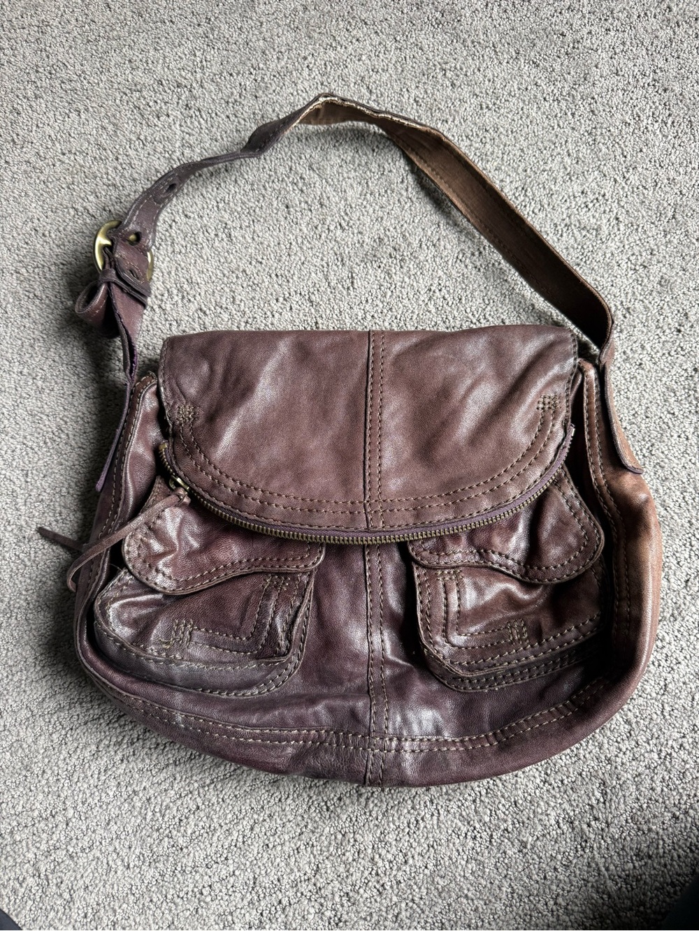Lucky Brand Brownish Purple Leather Shoulder Bag with Front Flap